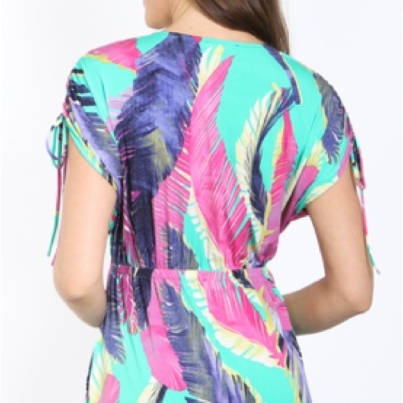 Aqua GREEN W/LEAVES PRINT wrap FRONT W/ DRAWSTRING SHOULDER tie JUMPSUIT, NEW! - Picture 9 of 10